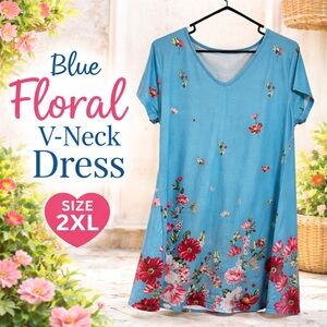 Blue Floral V-Neck Short Sleeve Dress | Size 2XL | Casual Spring Summer